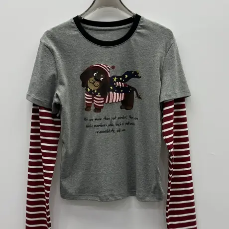 欧洲站2025早秋新款精品女装欧货长袖T恤卡通拼接条纹袖洋气上衣商品大图