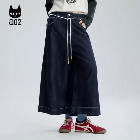 a02宽松牛仔裤子女2025新款秋季休闲阔腿九分裤设计感复古老爹裤图片