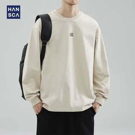 hansca 305g高密精梳棉宽松长袖t恤男秋季潮牌圆领印花百搭打底衫商品大图
