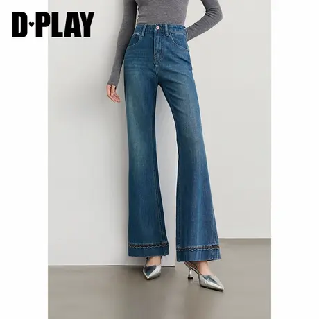 DPLAY2025秋季新款蓝色微喇牛仔裤女撞色机绣装饰裤子喇叭裤长裤商品大图