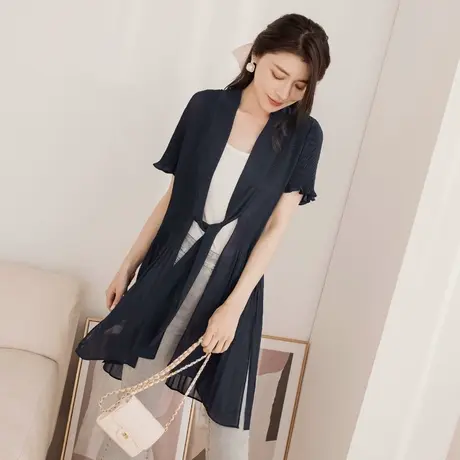 桔熊夏季通勤气质百褶雪纺中长款罩衫短袖外套女胖妹妹大码EA3352图片