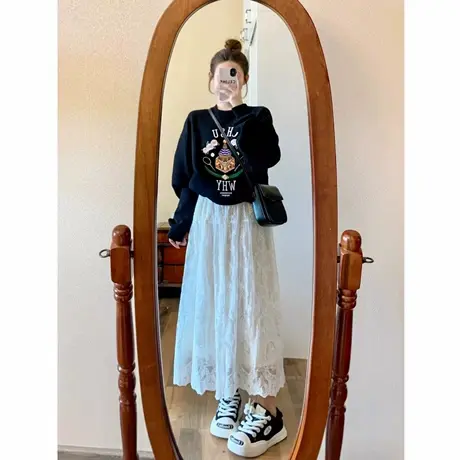 黑色印花圆领重磅卫衣女早秋薄款复古高级感宽松vintage美式上衣商品大图