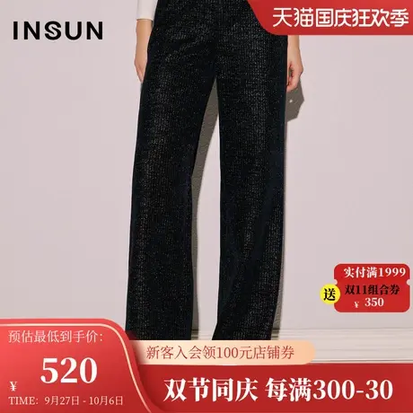 恩裳COVER2023冬装新款复古摩登光泽感丝绒裤腰头钉钻设计直筒裤图片