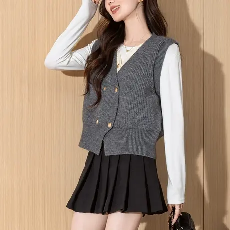 唐狮秋冬季女毛衣简约气质假两件设计V领开衫马甲高级感TM商品大图