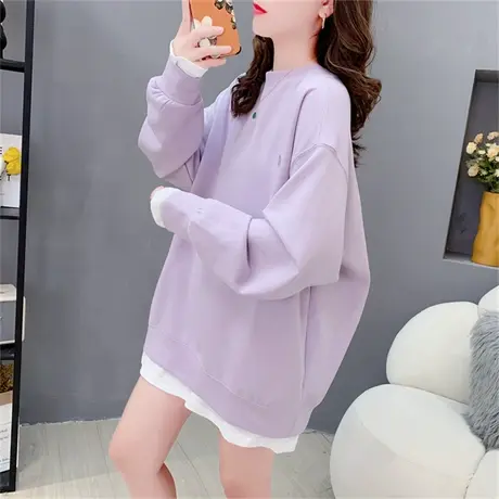 中长款假两件圆领卫衣女春秋2023年新款韩版宽松洋气休闲百搭上衣商品大图