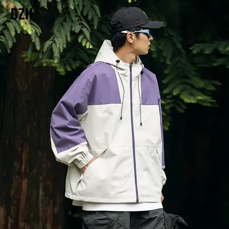 男士拼色连帽外套男秋季潮高级感户外防风冲锋衣2023新款运动夹克商品大图