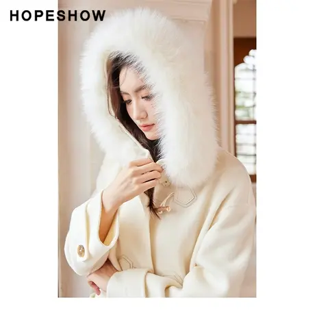 【直播专享】冬季单排扣落肩连帽毛领双面呢大衣90122360803红袖商品大图