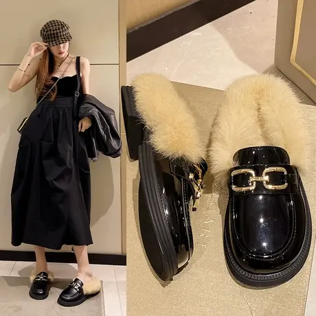 毛毛拖鞋女外穿秋冬季粗跟包头半拖鞋女鞋小皮鞋2023新款穆勒鞋子商品大图