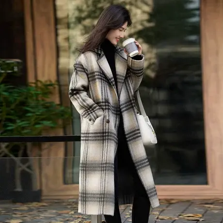 时尚大气格纹毛呢大衣女士2023年冬季新款保暖休闲温柔加厚外套商品大图
