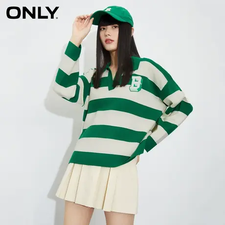 【买4免1】【上新】ONLY奥莱时尚复古撞色条纹翻领长袖针织衫女商品大图