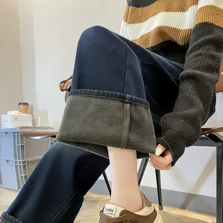 高腰加绒阔腿牛仔裤女秋冬2023新款加长高个子复古加厚保暖直筒裤图片