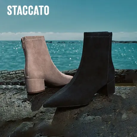 思加图冬季新款复古洋气尖头短靴法式加绒瘦瘦靴女靴EQ101DD3商品大图