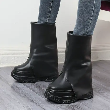 14cm内增高开叉裤管靴女小个子不过膝中筒靴真皮厚底坡跟雪地棉靴商品大图