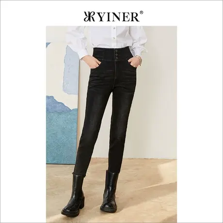 *YINER音儿女装秋季抓纹毛边铅笔牛仔裤商品大图