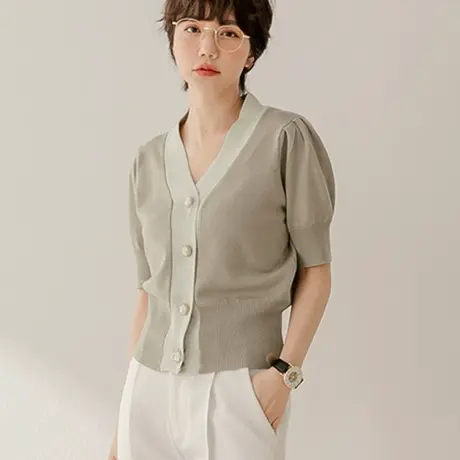 桔熊春秋季通勤气质丝光棉针织撞色泡泡袖短款小外套女大码FA2552商品大图