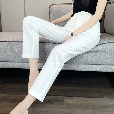 白色九分直筒西装裤女夏季薄款2024新款高腰显瘦冰丝萝卜烟管裤子商品大图