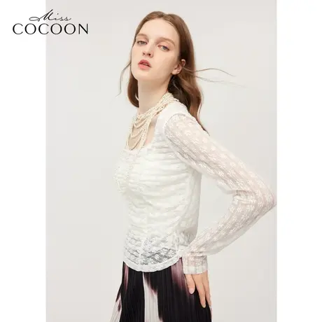 MISSCOCOON法式蕾丝上衣24春装新款女复古方领雪纺衫图片