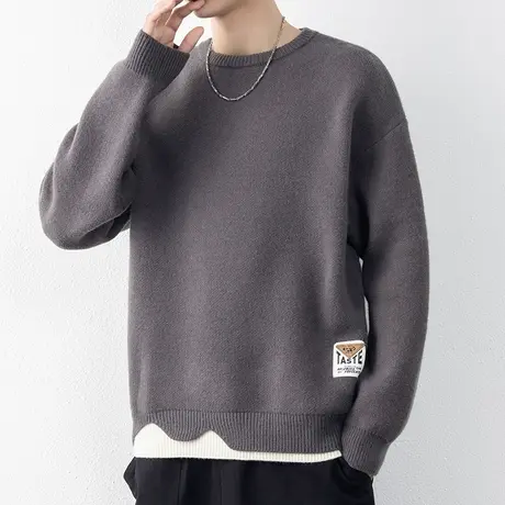 秋冬季新款假两件圆领男士毛衣纯色休闲百搭加厚保暖毛线衣针织衫商品大图