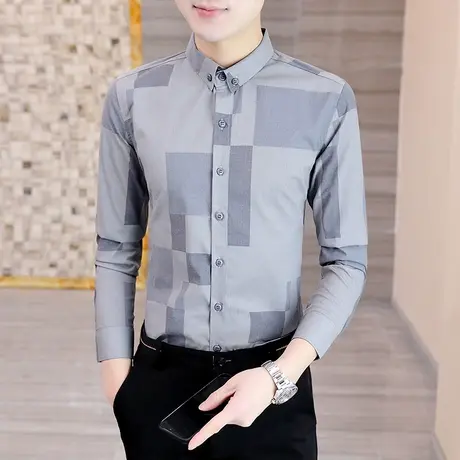 衬衣男士秋装潮流商务休闲时尚寸衫韩版痞帅免烫高端格子长袖衬衫商品大图