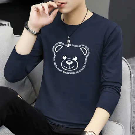 纯棉长袖t恤男2024新款秋季宽松小熊体恤圆领秋衣全棉内搭打底衫商品大图