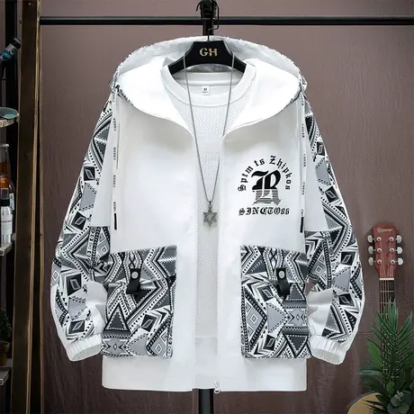 外套男春秋款宽松休闲2023新款夹克男连帽潮流印花百搭青少年衣服商品大图