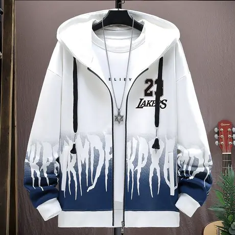 港风夹克男春秋季百搭连帽上衣服青少年宽松大码休闲开衫卫衣外套商品大图