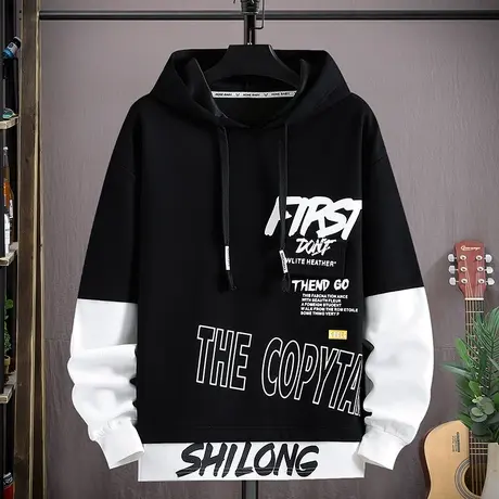 假两件卫衣男秋季新款潮牌字母印花连帽外套男青少年潮流休闲上衣商品大图