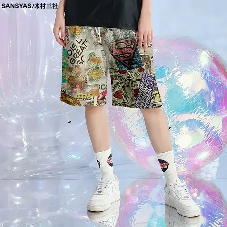 木村三社x超人Superman 休闲短裤男士直筒抽绳五分裤男潮牌ins商品大图