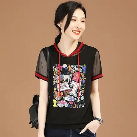 韩潮袭人连帽拼接镂空套头短袖T恤2024新款印花宽松女士百搭上衣图片