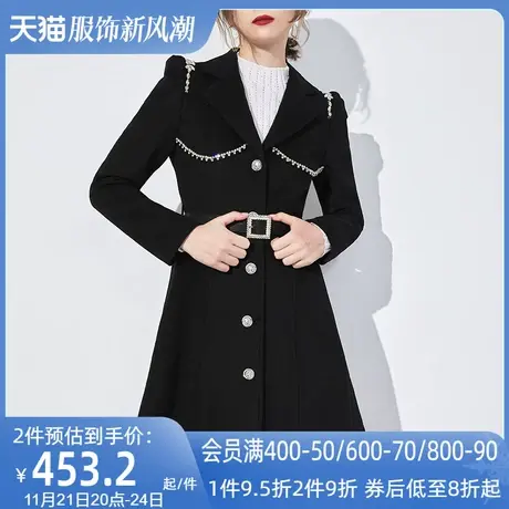 AUI黑色御姐气质毛呢外套女2023秋冬新款高级感修身长袖呢子大衣图片