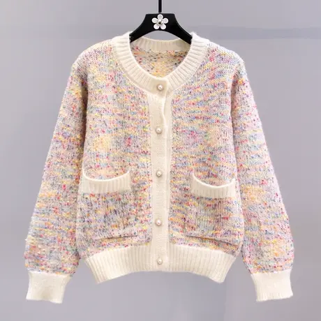 小香风彩虹撞色毛衣外套女秋冬2023新款宽松高级感洋气针织开衫商品大图