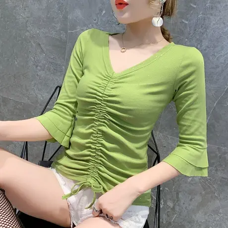 七分袖春秋装牛油果绿抽绳V领T恤女中袖荷叶边气质上衣修身打底衫图片