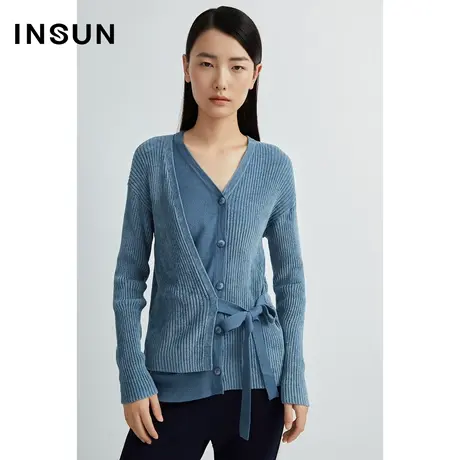 INSUN恩裳奥莱春季灯芯绒不对称收腰v领针织衫图片