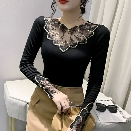 网纱拼接T恤女长袖2024初秋新款性感镂空气质上衣内搭显瘦打底衫商品大图