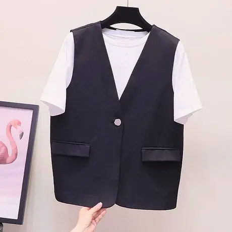 黑色马甲女一粒扣韩版时尚宽松V领上衣潮2023年春季新款纯色外套商品大图