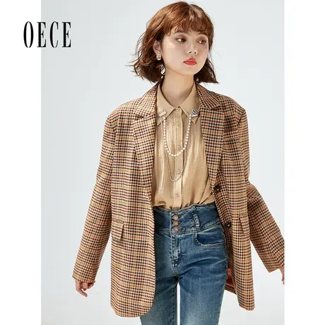 Oece复古格子西装秋装新款女格纹气质西服外套春秋图片