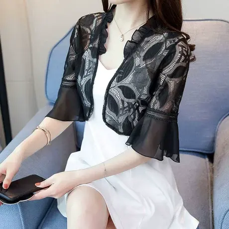 夏季蕾丝短款防晒开衫上衣女坎肩配吊带裙子时尚洋气披肩外套罩衫图片