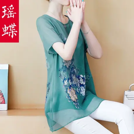 短袖雪纺衫女2023新款夏季碎花上衣复古大码宽松妈妈遮肚洋气小衫图片