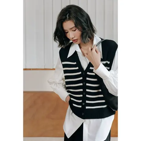 弥古黑白条纹毛衣马甲女秋冬v领法式羊毛针织背心显瘦小香风马夹商品大图
