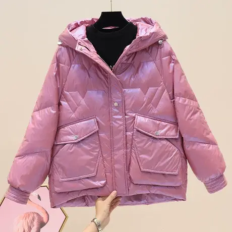 亮面羽绒棉服女短款冬季2023年新款连帽白色加厚棉衣派克面包服潮图片