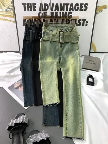 韩版大腰带复古牛仔铅笔裤女2023秋季新款显瘦百搭弹力高腰九分裤商品大图