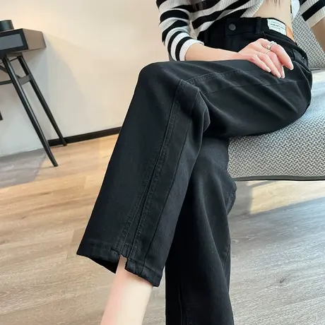 黑色直筒牛仔裤女2024年秋冬新款高腰宽松显瘦百搭开叉九分烟管裤商品大图