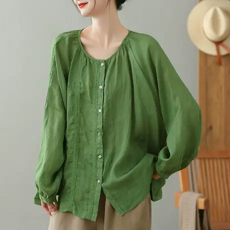 dza 苎麻牛油果绿衬衫女士2023夏季薄款长袖衬衣宽松棉麻开衫上衣图片