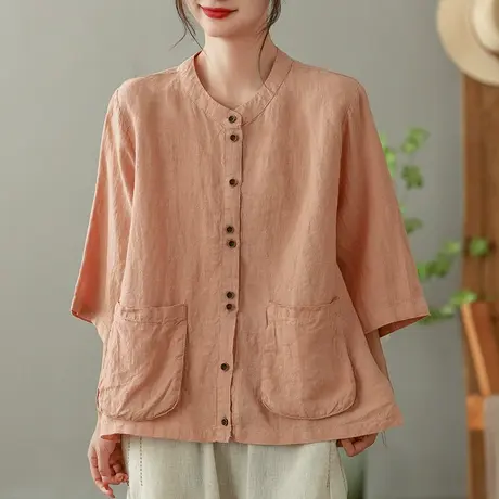 dza 复古重工汉麻短外套女2023夏薄纯色亚麻衬衫休闲棉麻开衫上衣图片