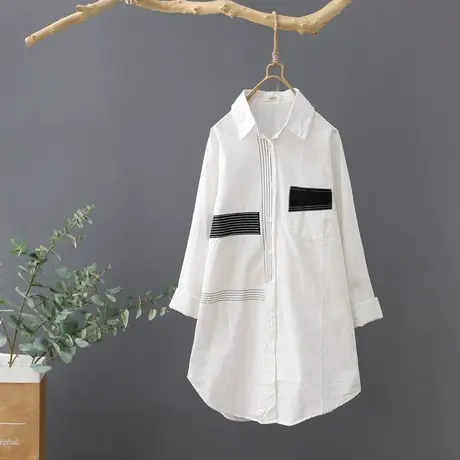 秋装2023新款中长款线条方块全棉白衬衫女长袖休闲打底衫衬衣上衣商品大图