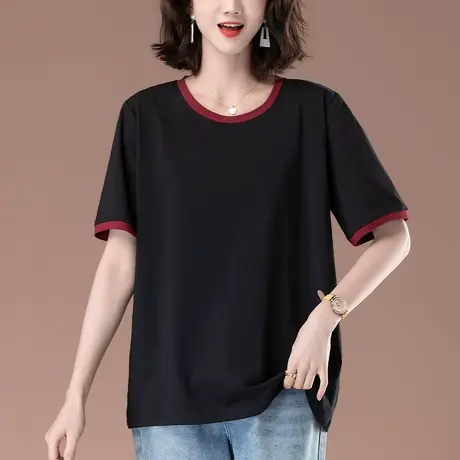 短袖T恤女夏季加肥加大码女装宽松中年妈妈休闲纯棉黑色显瘦体恤图片