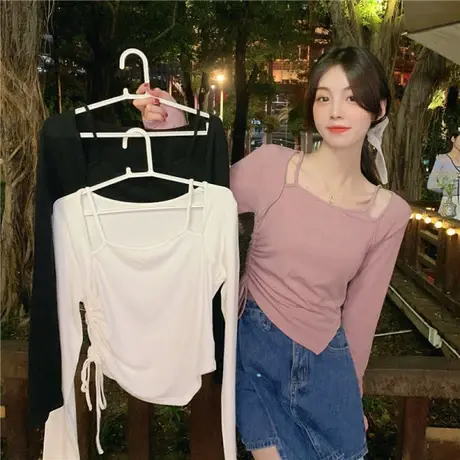 短款粉色辣妹上衣女内搭修身打底衫2024早春季新款小衫长袖t恤女图片