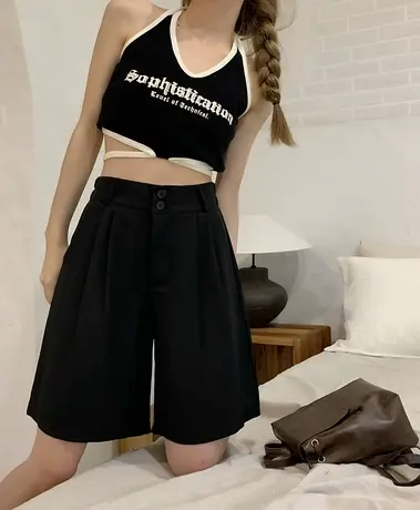 西装短裤女夏季小个子宽松显瘦高腰五分裤卡其色中裤女装休闲裤子图片