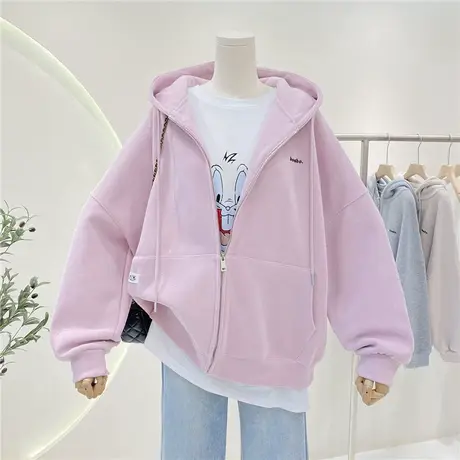 简约拉链连帽外套女2023春秋新款休闲慵懒风oversize宽松开衫卫衣商品大图