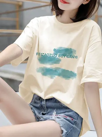 仿棉短袖t恤女2023新款夏季宽松韩系chic小众设计感正肩显瘦上衣商品大图